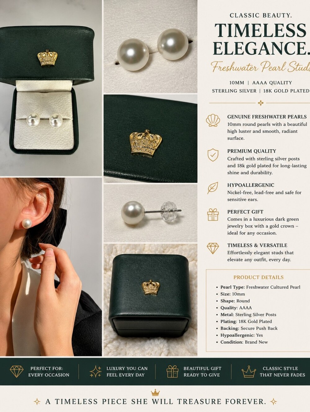 10MM Freshwater Cultured Pearl Stud Earrings | Sterling Silver Posts | 18K GP
